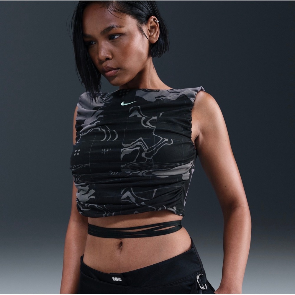 Nike Serena Williams Women Ruched Mesh Wrap Crop Tank Top Small NWT Black Gray